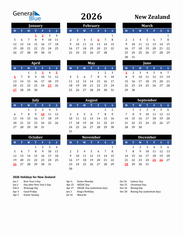 2026 New Zealand Holiday Calendar