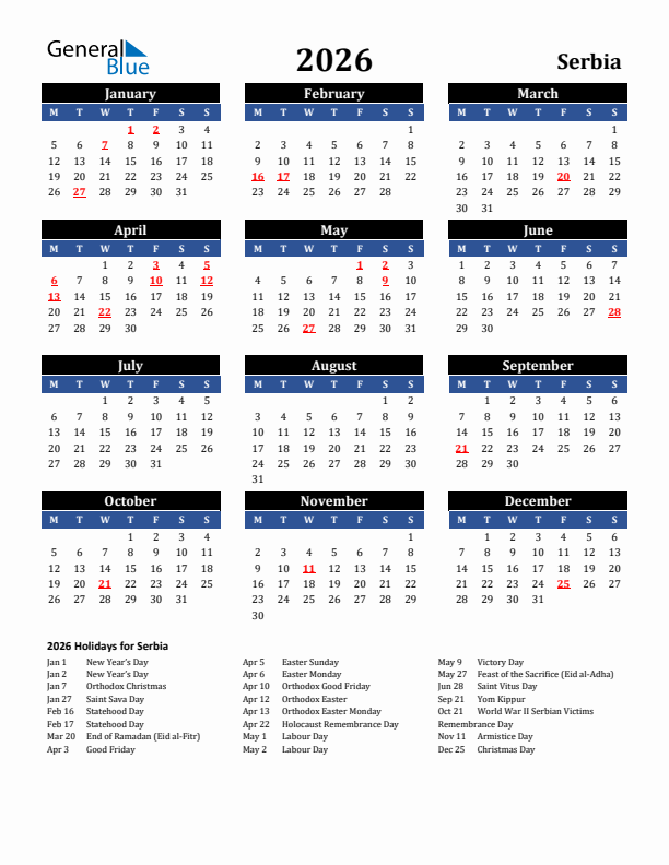 2026 Serbia Holiday Calendar