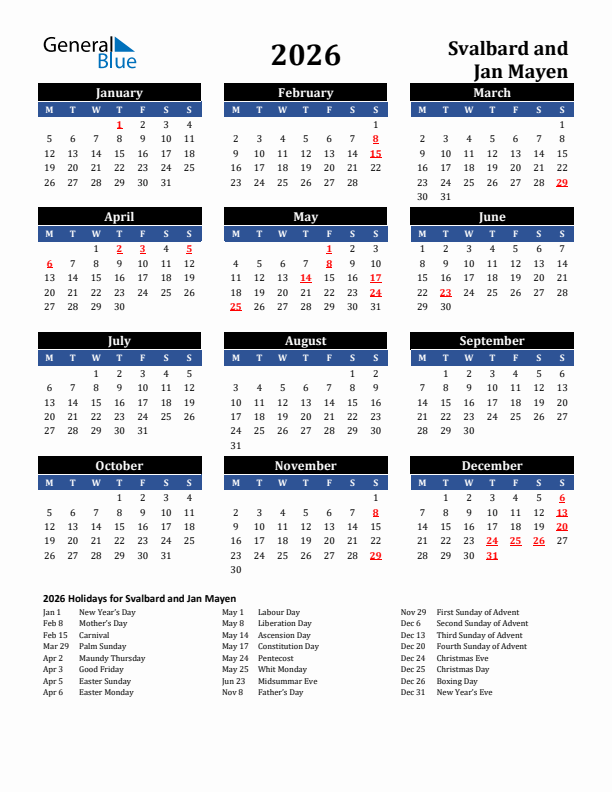 2026 Svalbard and Jan Mayen Holiday Calendar