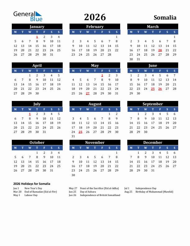 2026 Somalia Holiday Calendar