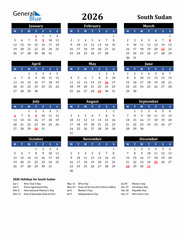 2026 South Sudan Holiday Calendar