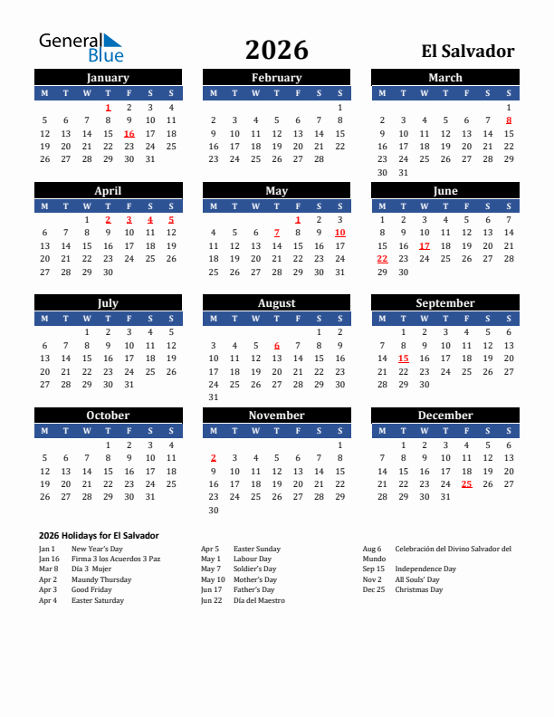 2026 El Salvador Holiday Calendar