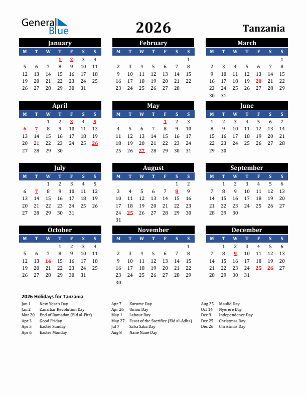 2026 Tanzania Holiday Calendar