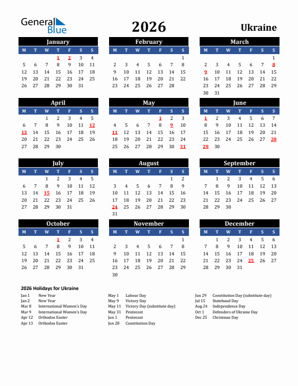 2026 Ukraine Holiday Calendar