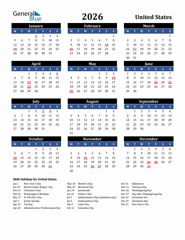 2026 United States Holiday Calendar