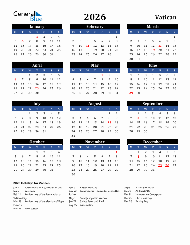 2026 Vatican Holiday Calendar