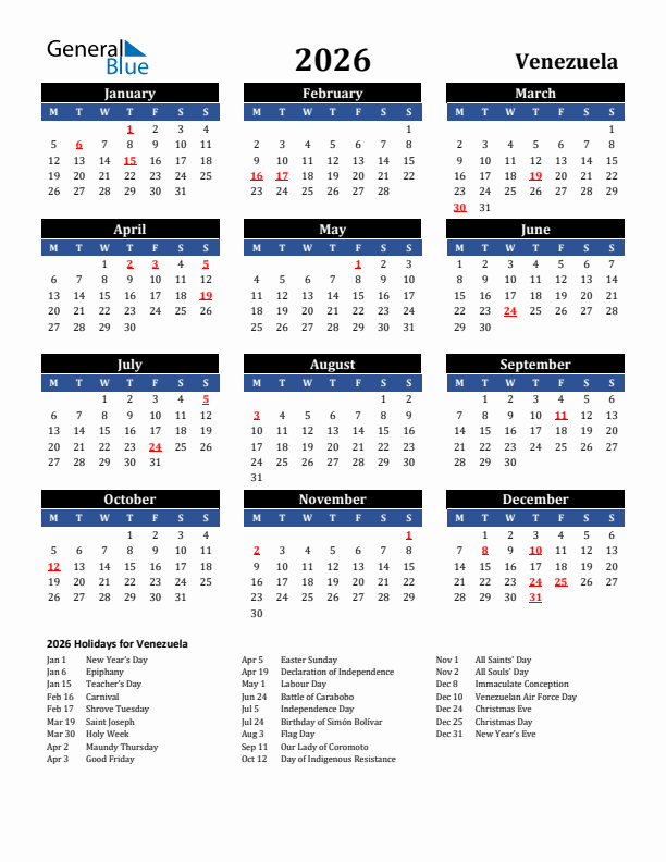 2026 Venezuela Holiday Calendar