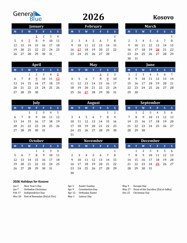 2026 Kosovo Holiday Calendar