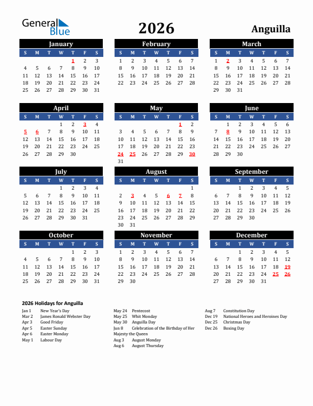 2026 Anguilla Holiday Calendar