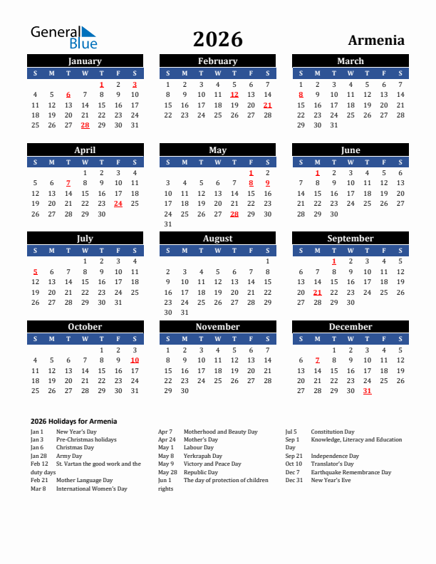 2026 Armenia Holiday Calendar