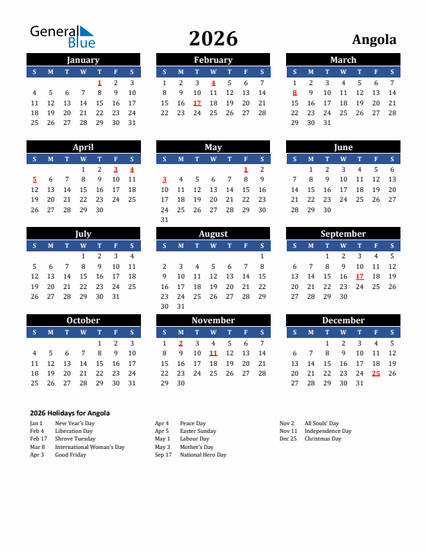 2026 Angola Holiday Calendar