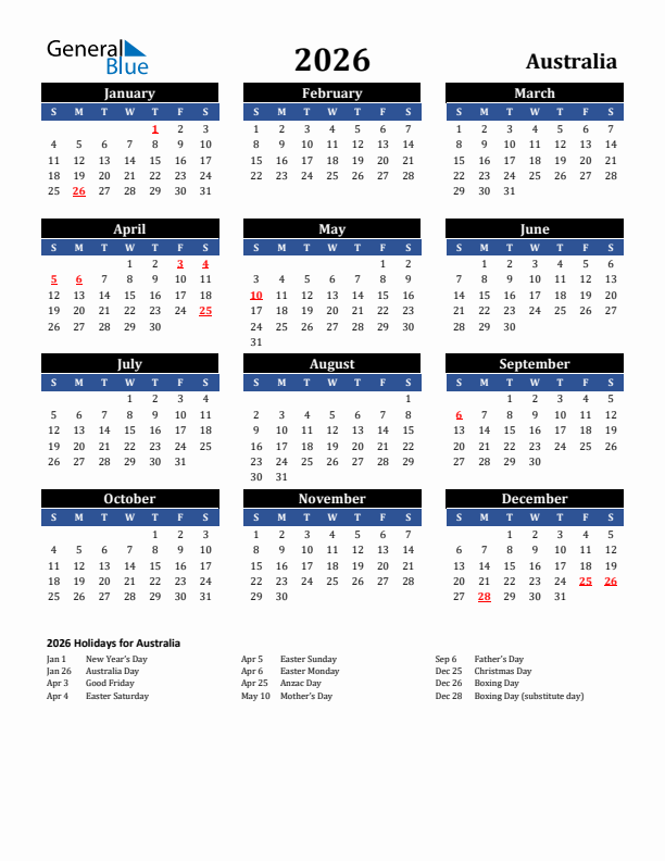 2026 Australia Holiday Calendar