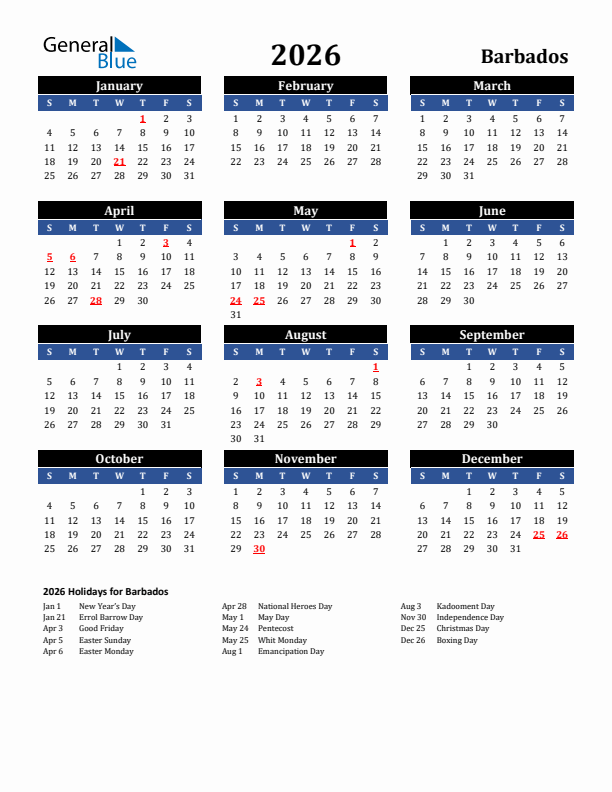 2026 Barbados Holiday Calendar