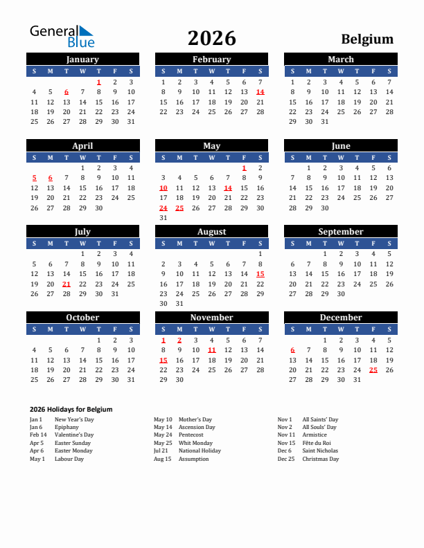 2026 Belgium Holiday Calendar