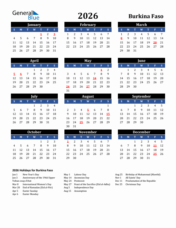 2026 Burkina Faso Holiday Calendar