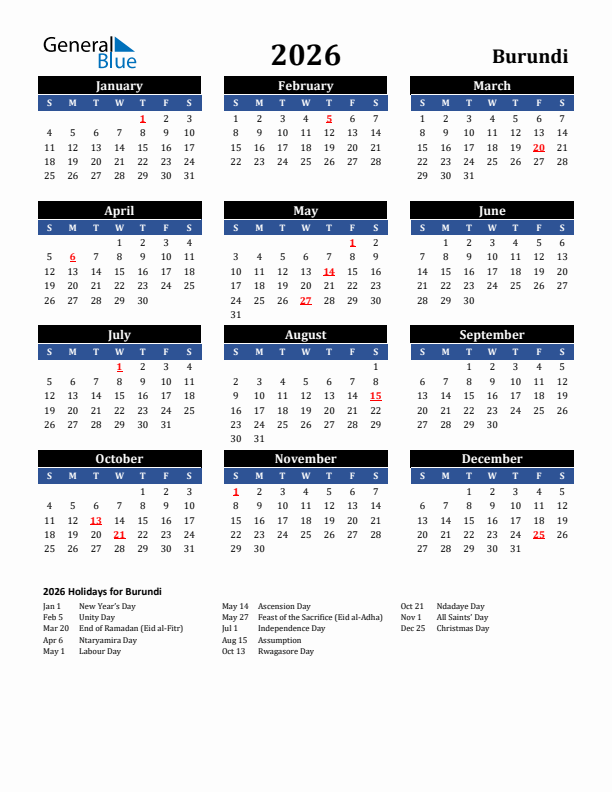 2026 Burundi Holiday Calendar