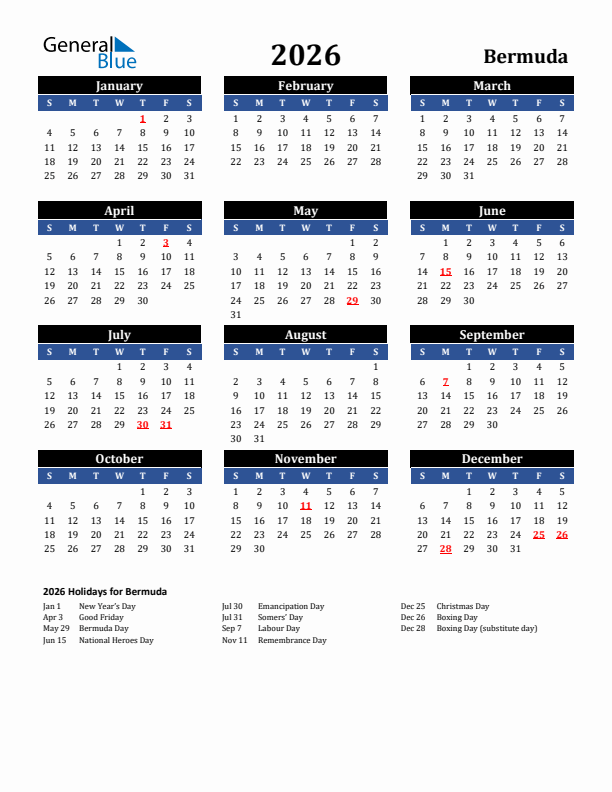 2026 Bermuda Holiday Calendar