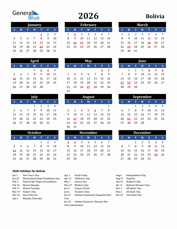 2026 Bolivia Holiday Calendar