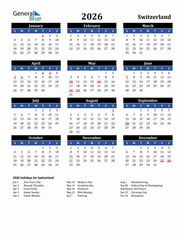 2026 Switzerland Holiday Calendar