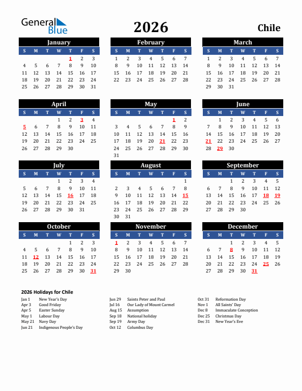 2026 Chile Holiday Calendar