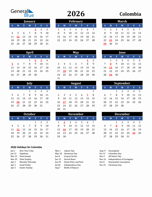 2026 Colombia Holiday Calendar