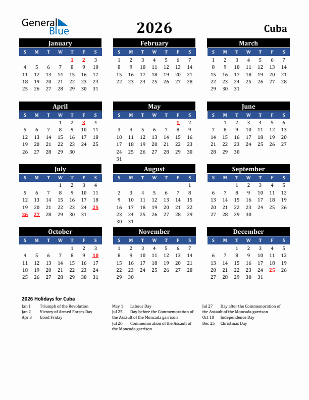 2026 Cuba Holiday Calendar