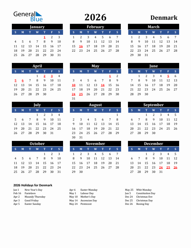 2026 Denmark Holiday Calendar