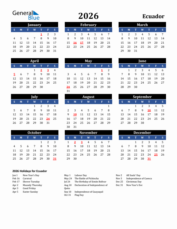 2026 Ecuador Holiday Calendar