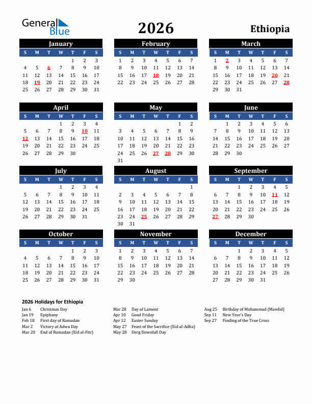 2026 Ethiopia Holiday Calendar