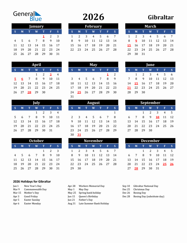 2026 Gibraltar Holiday Calendar