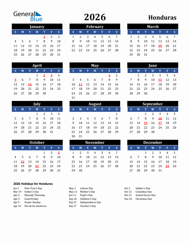 2026 Honduras Holiday Calendar