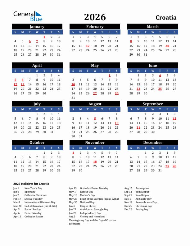 2026 Croatia Holiday Calendar