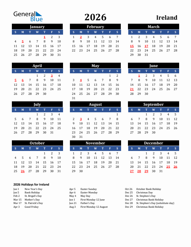 2026 Ireland Holiday Calendar