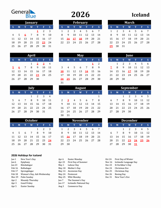 2026 Iceland Holiday Calendar