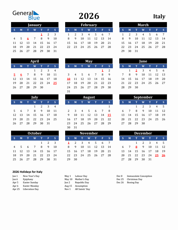 2026 Italy Holiday Calendar