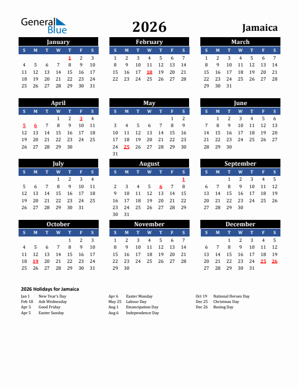 2026 Jamaica Holiday Calendar