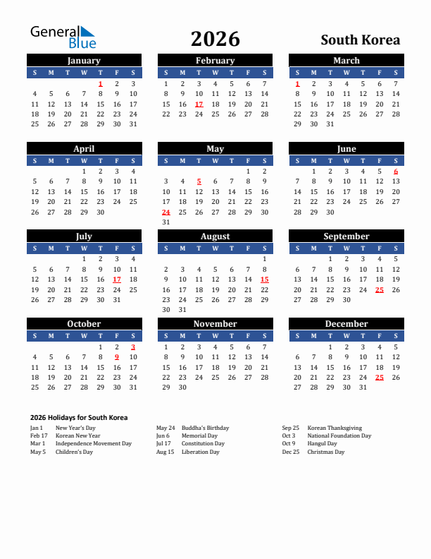 2026 South Korea Holiday Calendar