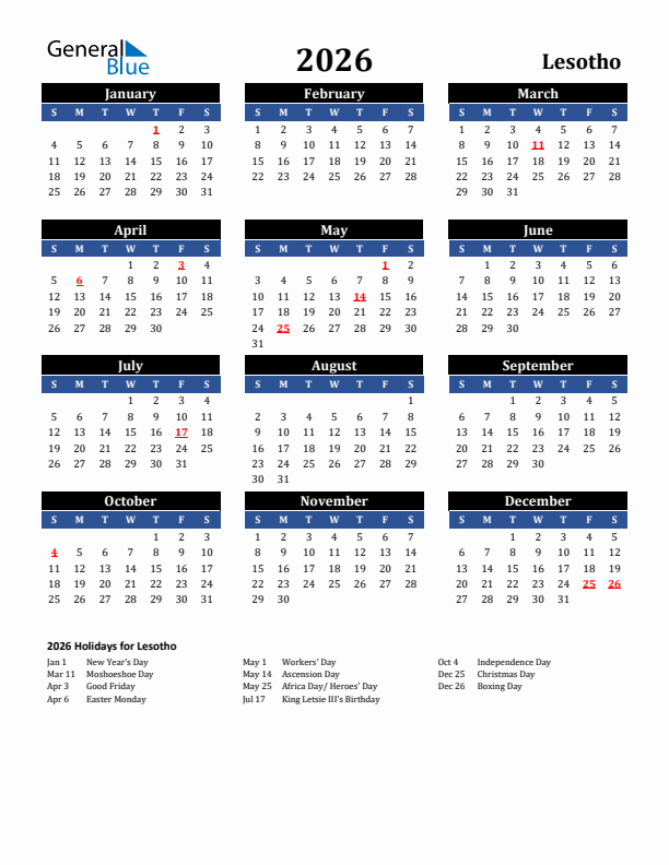 2026 Lesotho Holiday Calendar