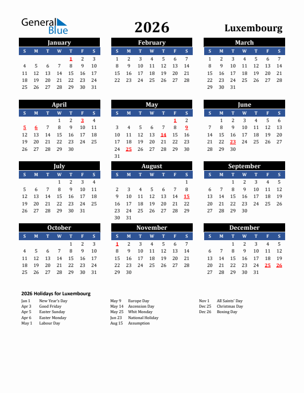 2026 Luxembourg Holiday Calendar