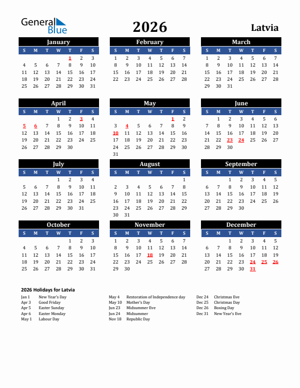 2026 Latvia Holiday Calendar