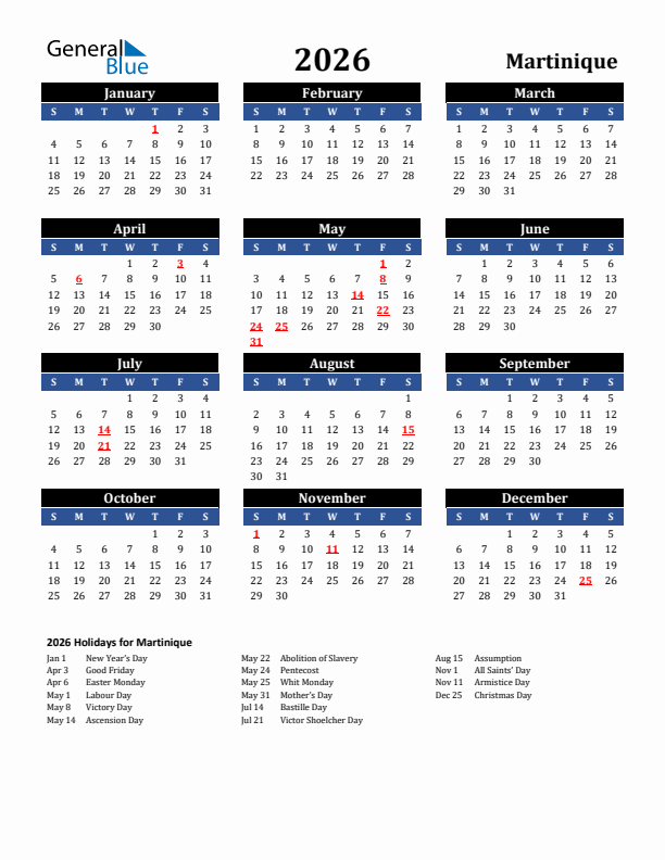 2026 Martinique Holiday Calendar