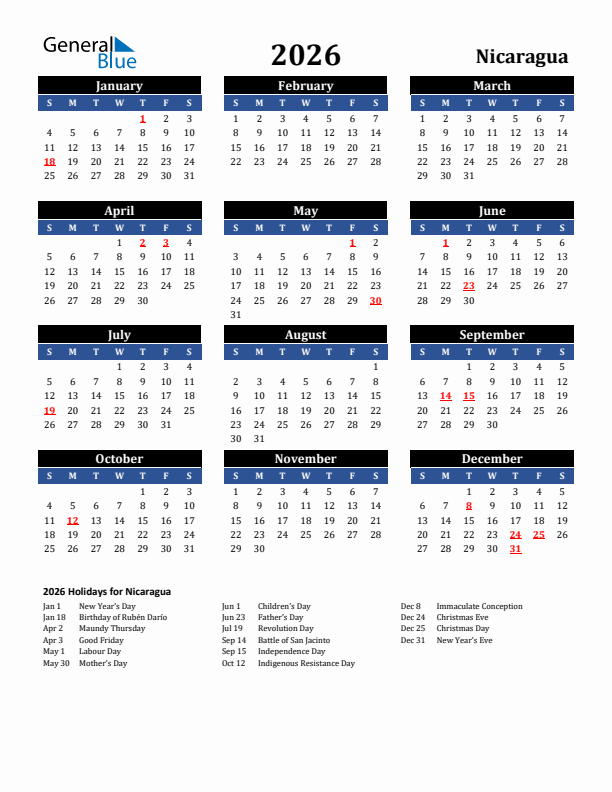 2026 Nicaragua Holiday Calendar