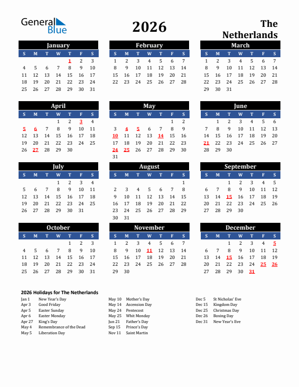 2026 The Netherlands Holiday Calendar