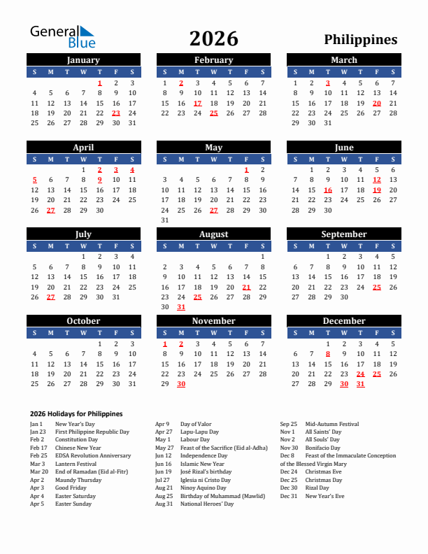 2026 Philippines Holiday Calendar