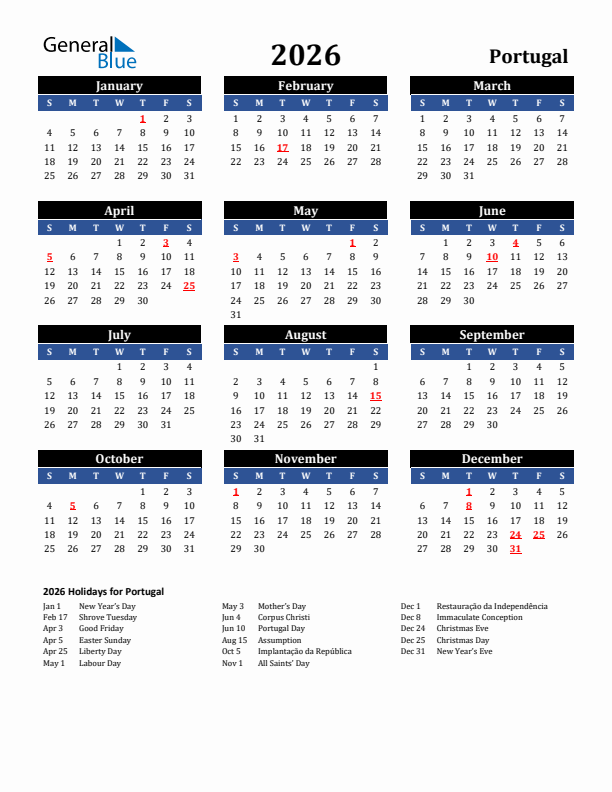 2026 Portugal Holiday Calendar