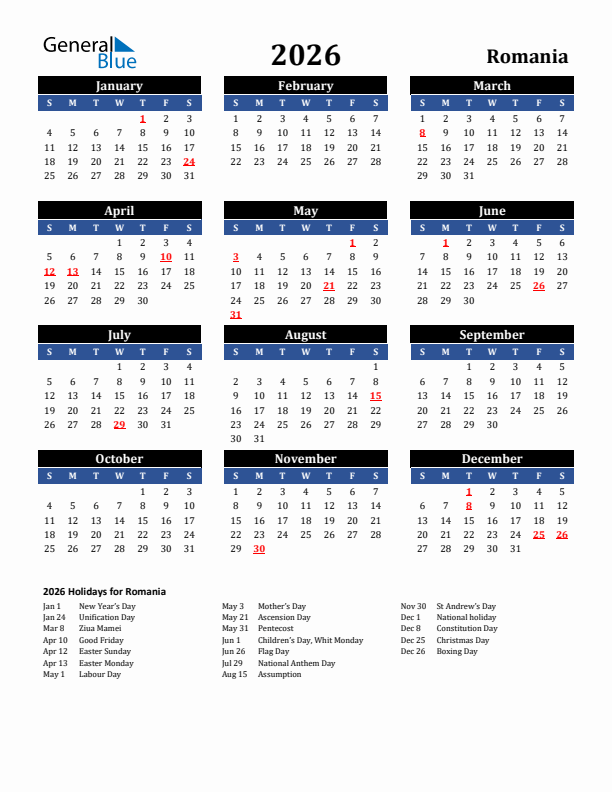 2026 Romania Holiday Calendar