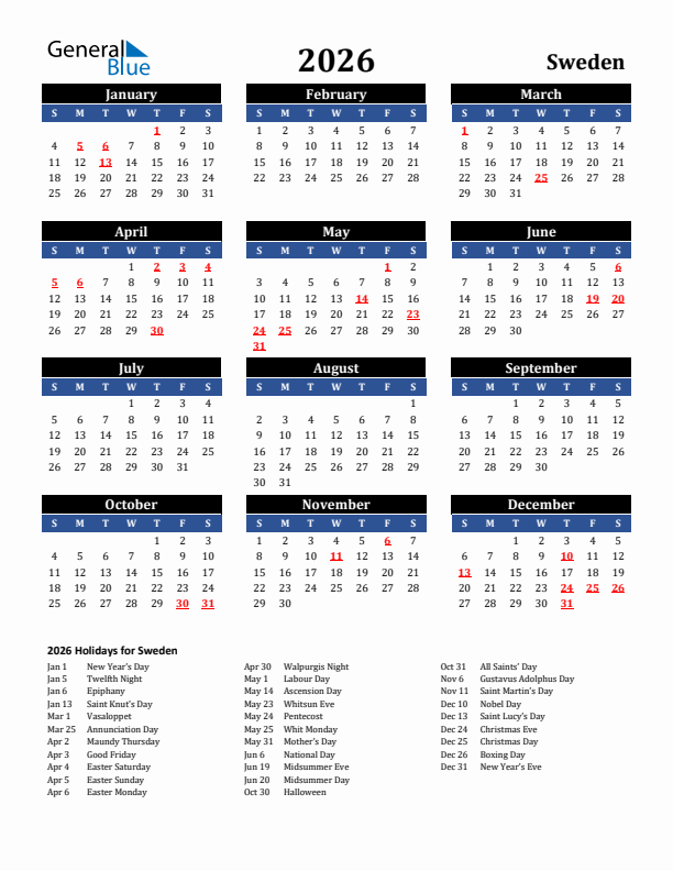 2026 Sweden Holiday Calendar