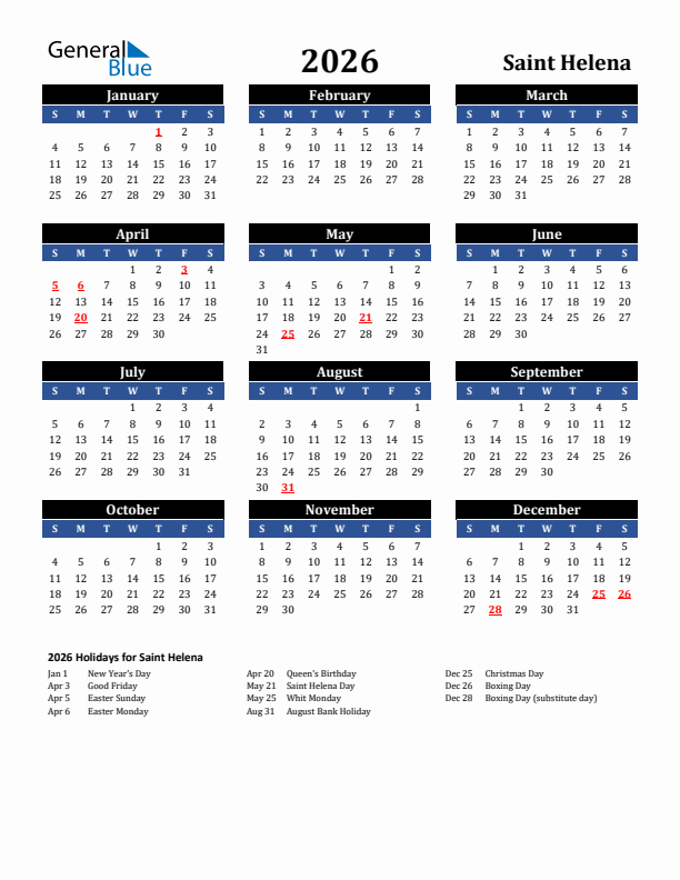 2026 Saint Helena Holiday Calendar