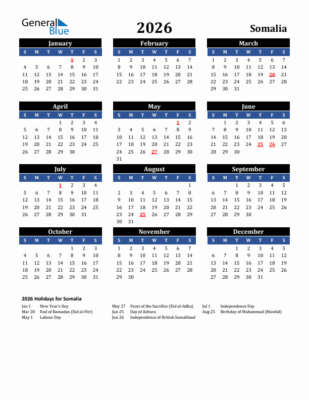 2026 Somalia Holiday Calendar