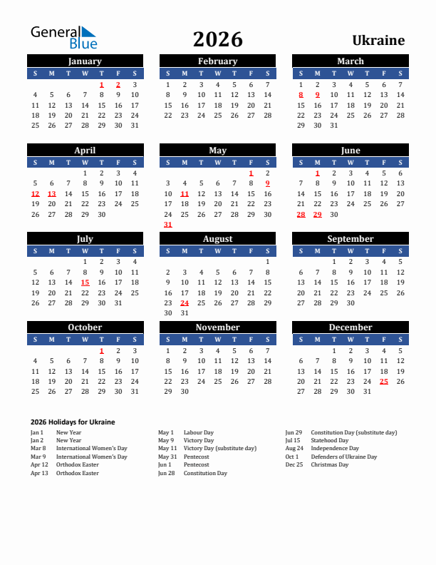 2026 Ukraine Holiday Calendar